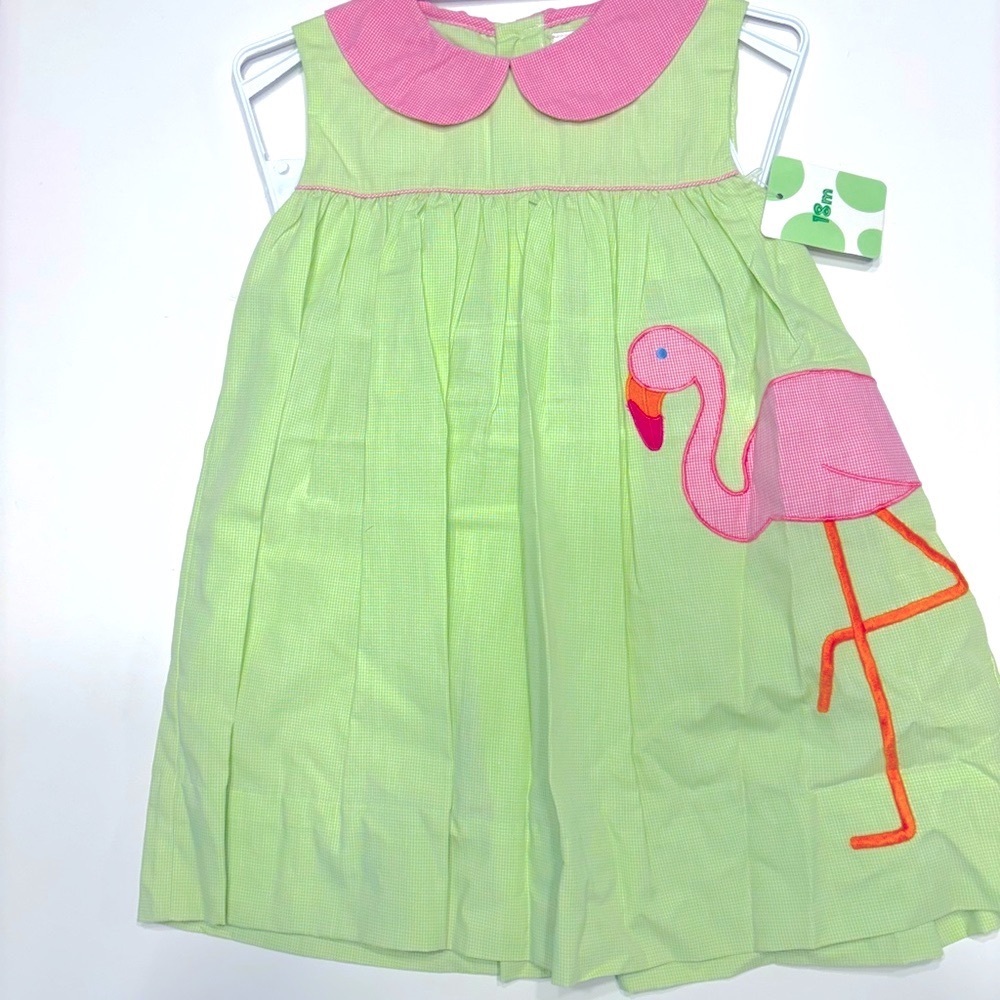 PETIT AMI ZU DRESS  18 MONTHS  GREEN GINGHAM. PINK FLAMINGO ON FRONT